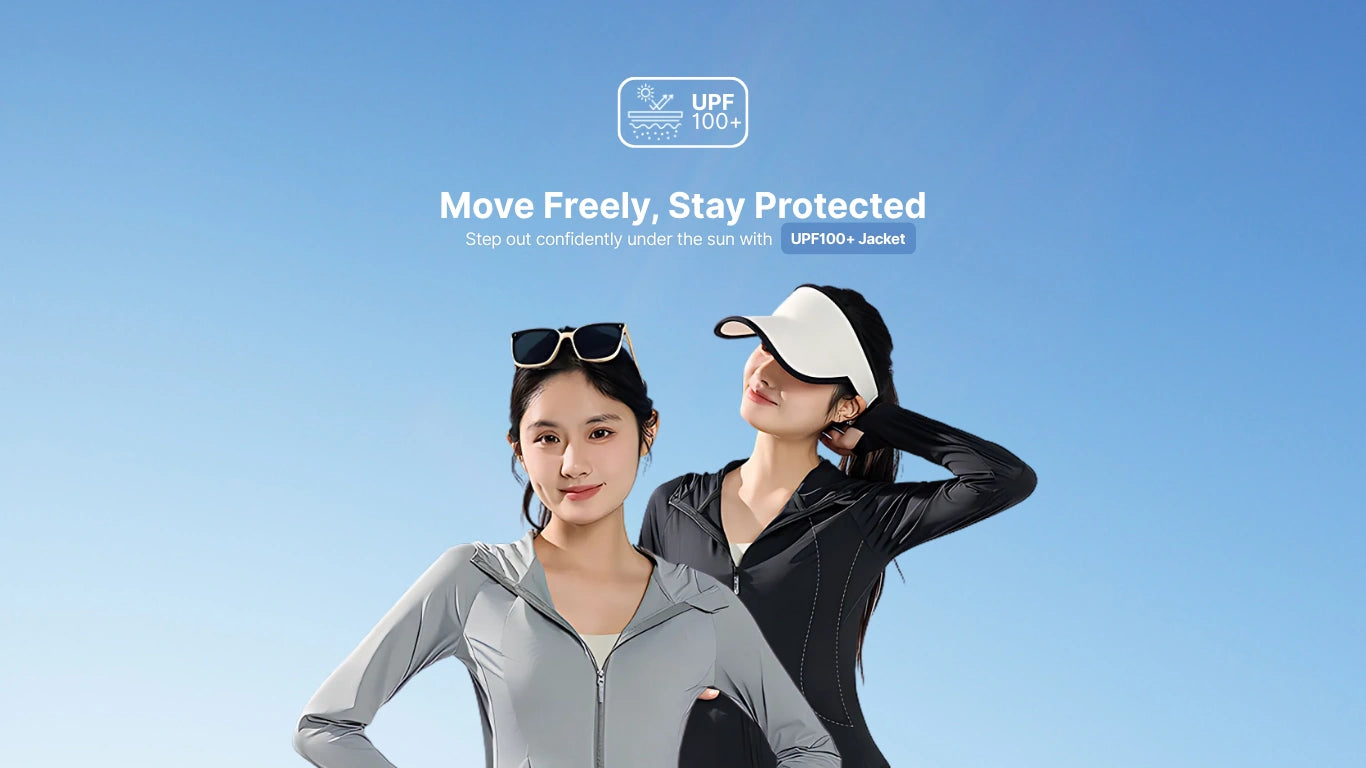 Two women wearing UPF 100+ jackets with a blue background and text about sun protection.