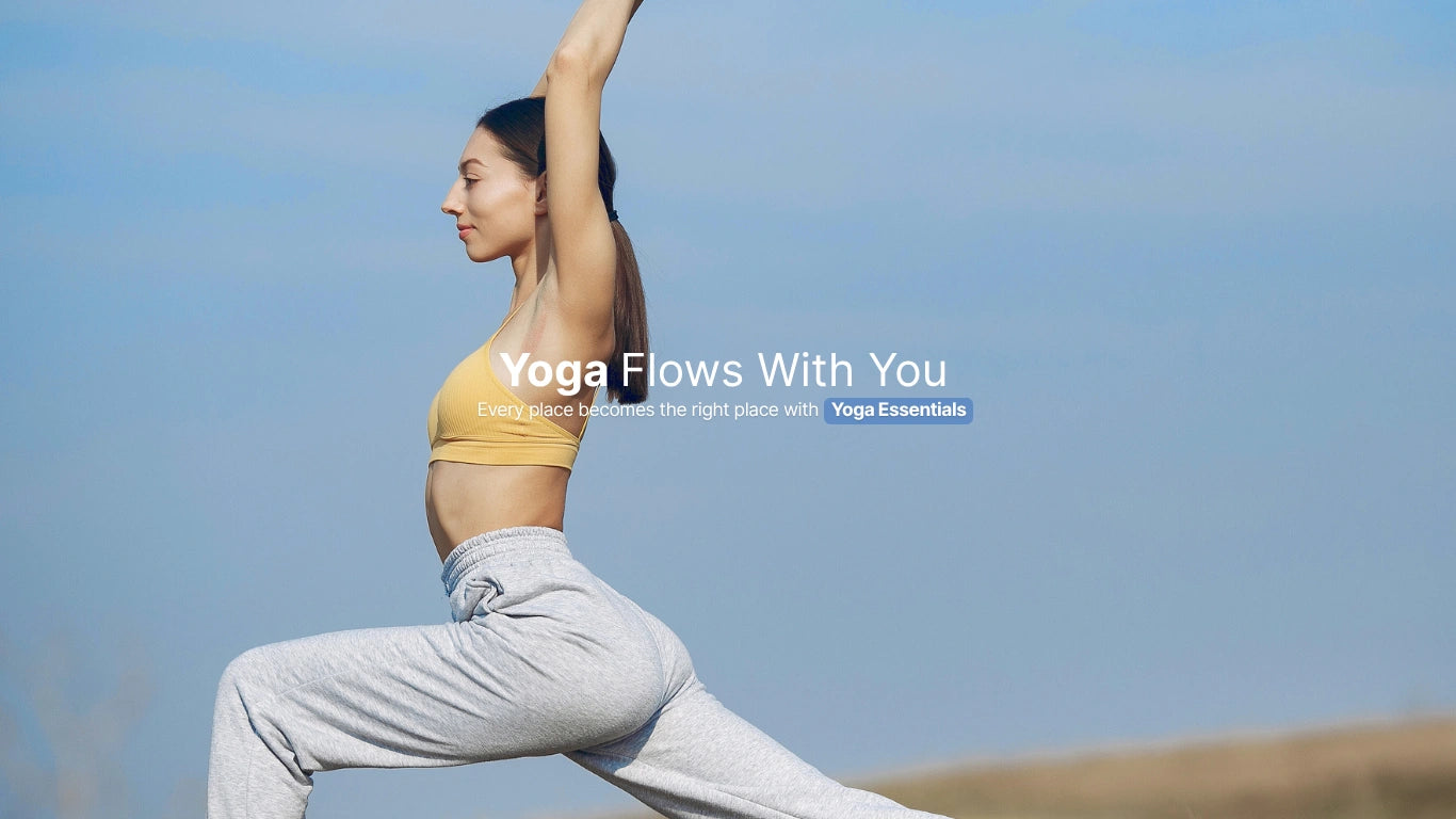 Woman in a yoga pose with 'Yoga Flows With You' text overlay on a clear sky background